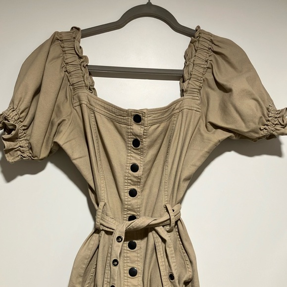 Marissa Webb A Line Shirt Dress Tan Button Up Off Shoulder Belted Puff Sleeves - Picture 6 of 7